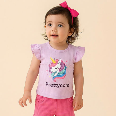Basics Baby Girl Suit T-Shirt and Shorts Purple Pink Pretty Unicorn