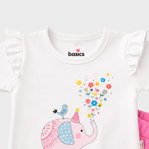 Basics Baby Girl Suit T-Shirt and Shorts White Pink Baby Elephant