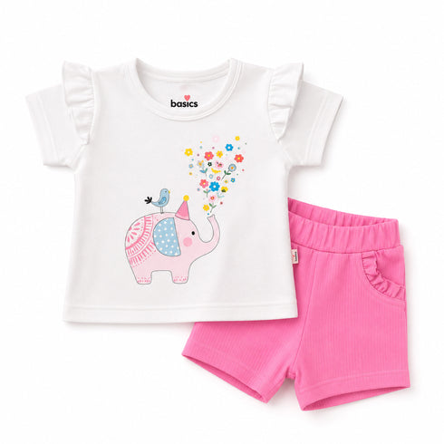 Basics Baby Girl Suit T-Shirt and Shorts White Pink Baby Elephant