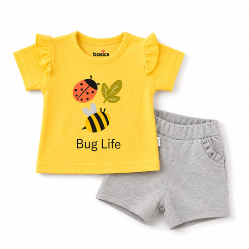 Basics Baby Girl Suit T-Shirt and Shorts Yellow Grey Bug Life