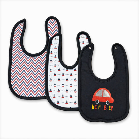 Basics Pack of 3 Baby Bibs Blue Car Ship Design