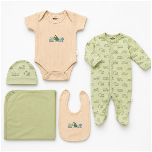 Basics Pack of 5 Baby Starter Gift Set Green Beige Excavator Design
