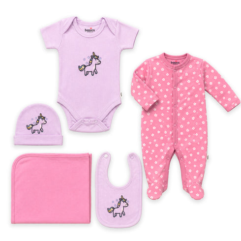 Basics Pack of 5 Baby Starter Gift Set Pink Unicorn Design