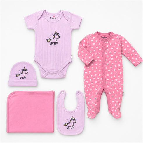 Basics Pack of 5 Baby Starter Gift Set Pink Unicorn Design