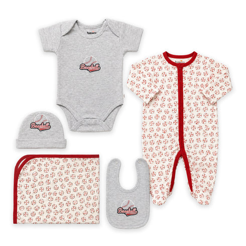 Basics Pack of 5 Baby Starter Gift Set White Grey Baseball Design