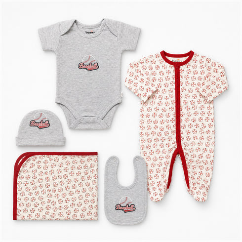 Basics Pack of 5 Baby Starter Gift Set White Grey Baseball Design