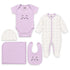 Basics Pack of 5 Baby Starter Gift Set White Purple Kitty Design