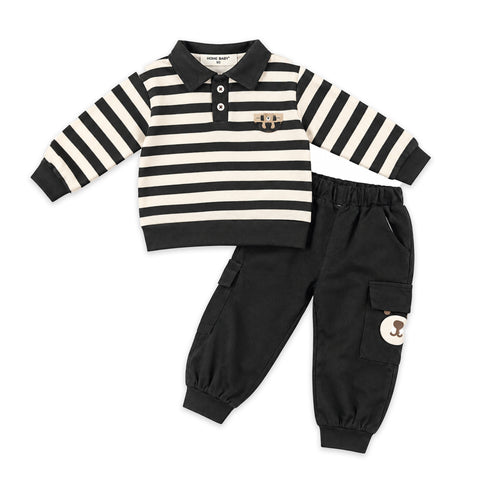 Black Striped Bear Polo Toddler Boy Suits Sweatshirt Pants