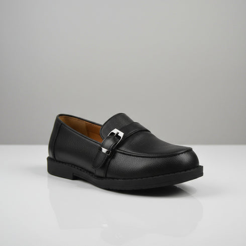 Black Textured Buckle Loafers Boys Shoes