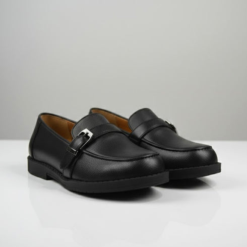 Black Textured Buckle Loafers Boys Shoes