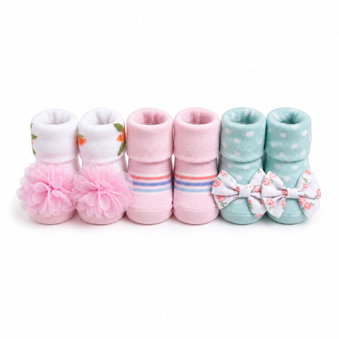 Booties Socks Set Green Pink Flowers