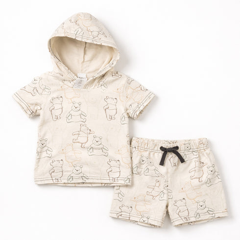 Boys 2Pc Hooded T-Shirt & Shorts Set Beige Pooh Bear