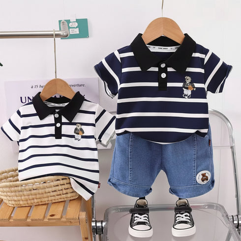 Boys 2Pc Polo Shirt & Denim Shorts Set White Blue Stripes