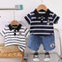 Boys 2Pc Polo Shirt & Denim Shorts Set White Blue Stripes