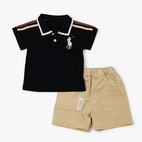 Boys 2Pc Polo Shirt & Shorts Set Black Beige