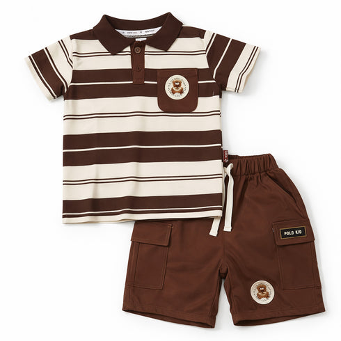 Boys 2Pc Polo Shirt & Shorts Set Brown Beige Baby Bear