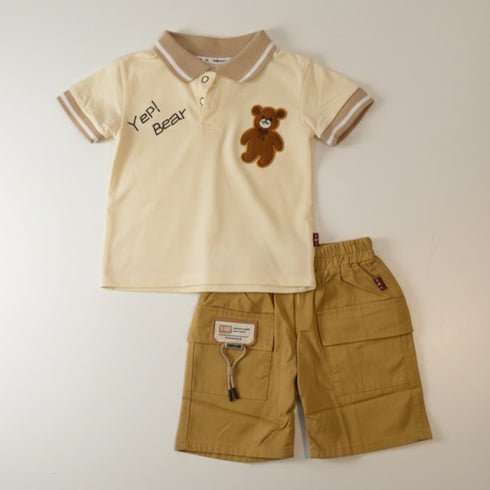 Boys 2Pc Polo Shirt & Shorts Set Brown Beige Yep Bear