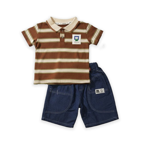 Boys 2Pc Polo Shirt & Shorts Set Brown Blue Striped