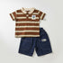 Boys 2Pc Polo Shirt & Shorts Set Brown Blue Striped