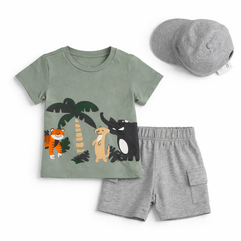 Boys 3Pc T-Shirt, Hat & Shorts Set Grey Green Jungle