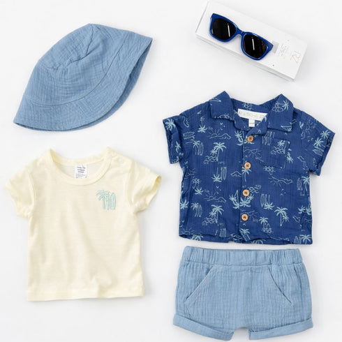 Boys 4Pc Shirt T-Shirt Hat & Shorts Set Blue Offwhite Beach