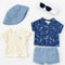 Boys 4Pc Shirt T-Shirt Hat & Shorts Set Blue Offwhite Beach