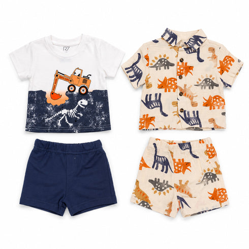 Boys 4Pc Suit Set Shirt T Shirt & Shorts Beige Blue Dino
