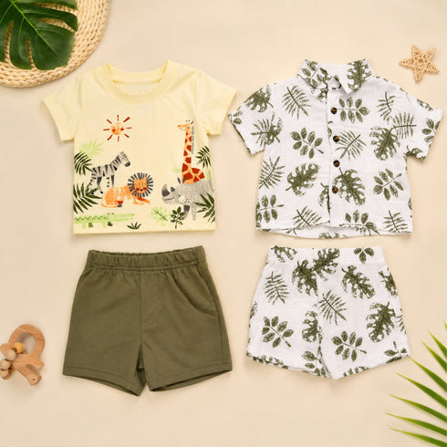 Boys 4Pc Suit Set Shirt T Shirt Shorts Green White Safari
