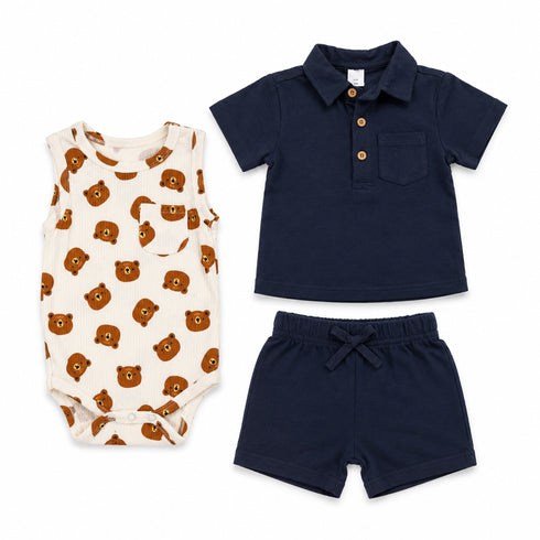Boys Outfit Blue Beige Baby Bear Shirt Bodysuit & Shorts