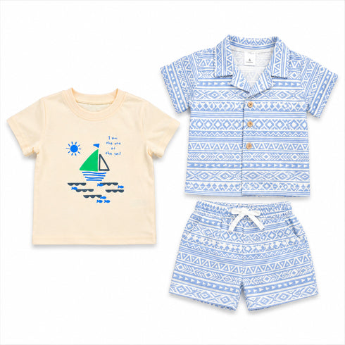 Boys Outfit Aztec Cuban Collar Shirt T Shirt & Shorts