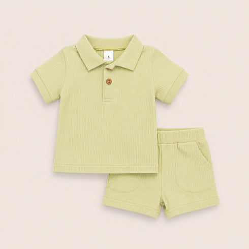 Boys Outfit Emerald Green Striped Polo Shirt & Shorts