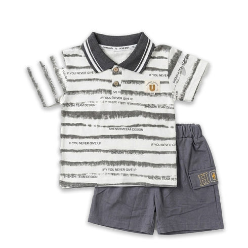 Boys Graphic Striped Polo Shirt & Shorts Suit Grey