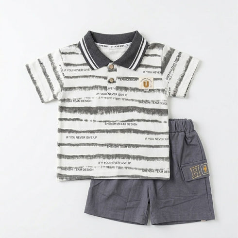 Boys Graphic Striped Polo Shirt & Shorts Suit Grey