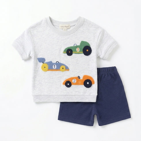 Boys Outfit Grey Navy Cars Embroidered Shirt & Shorts