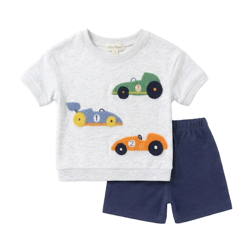 Boys Outfit Grey Navy Cars Embroidered Shirt & Shorts