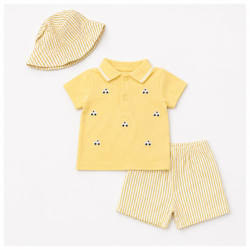 Boys Outfit Lemon Striped Polo Shirt Hat & Shorts