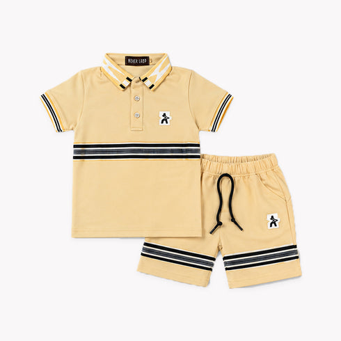 Boys Polo Shirt & Shorts Suit Beige Colorblock Collared