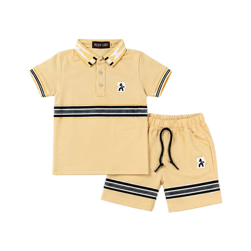 Boys Polo Shirt & Shorts Suit Beige Colorblock Collared