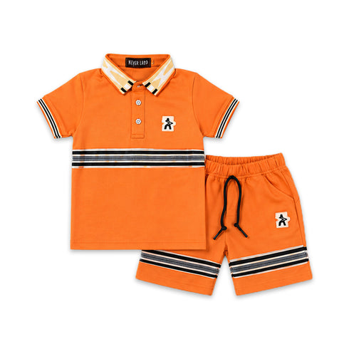 Boys Polo Shirt & Shorts Suit Brown Colorblock Collared