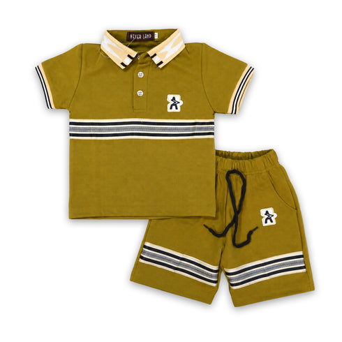 Boys Polo Shirt & Shorts Suit Olive Colorblock Collared