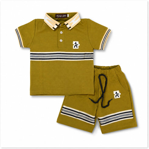 Boys Polo Shirt & Shorts Suit Olive Colorblock Collared