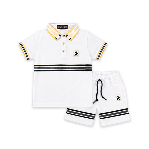 Boys Polo Shirt & Shorts Suit White Colorblock Collared