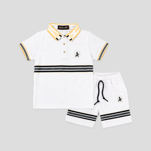 Boys Polo Shirt & Shorts Suit White Colorblock Collared