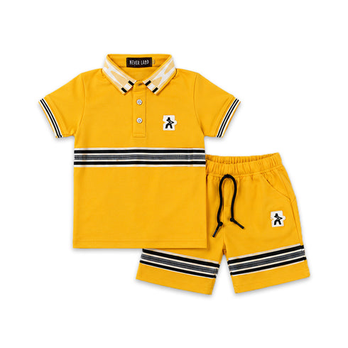 Boys Polo Shirt & Shorts Suit Yellow Colorblock Collared