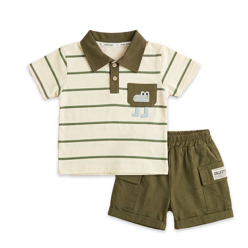 Boys Striped Polo Shirt & Shorts Suit Green