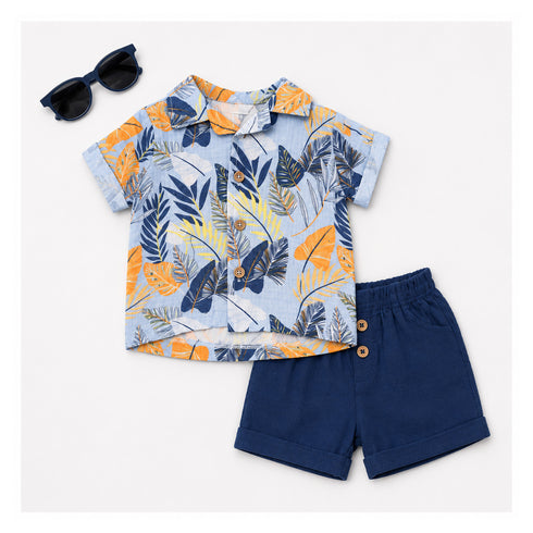 Boys Suit Set Shirt Shorts & Sunglasses Blue Leafs Printed