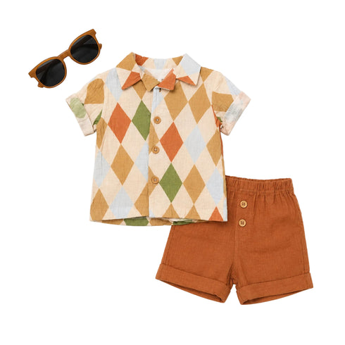 Boys Suit Set Shirts Shorts & Sunglasses Brown Beige