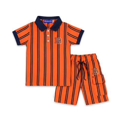 Boys Suit Shorts and Polo Shirt Brown Striped