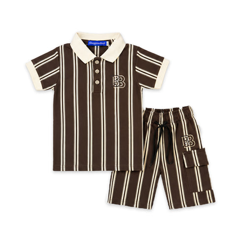 Boys Suit Shorts and Polo Shirt Dark Brown Striped