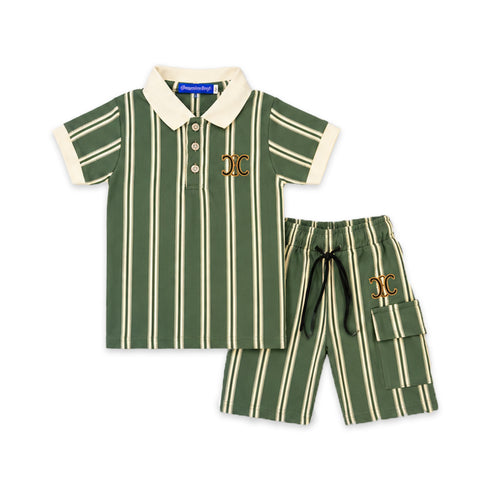 Boys Suit Shorts and Polo Shirt Green Striped
